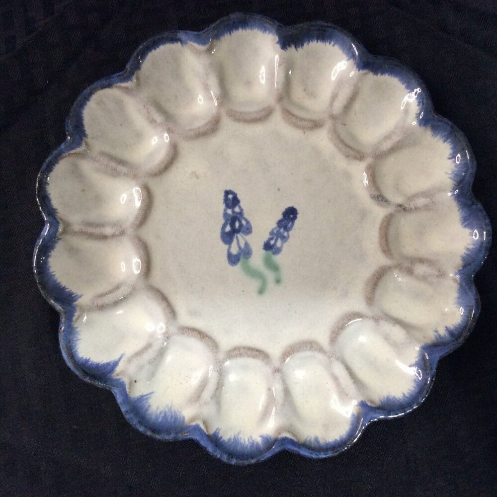 Vintage Handmade Deviled Egg Dish Blue White Bluebonnets Stoneware Signed